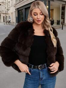 Elegant Women's Faux Fur Coat Brown Color Regular Sleeve Round Neck Wrist Length Contrast Faux Fur Design Warm Lined For Winter Christmas And New Year - Coffee Brown - View 1