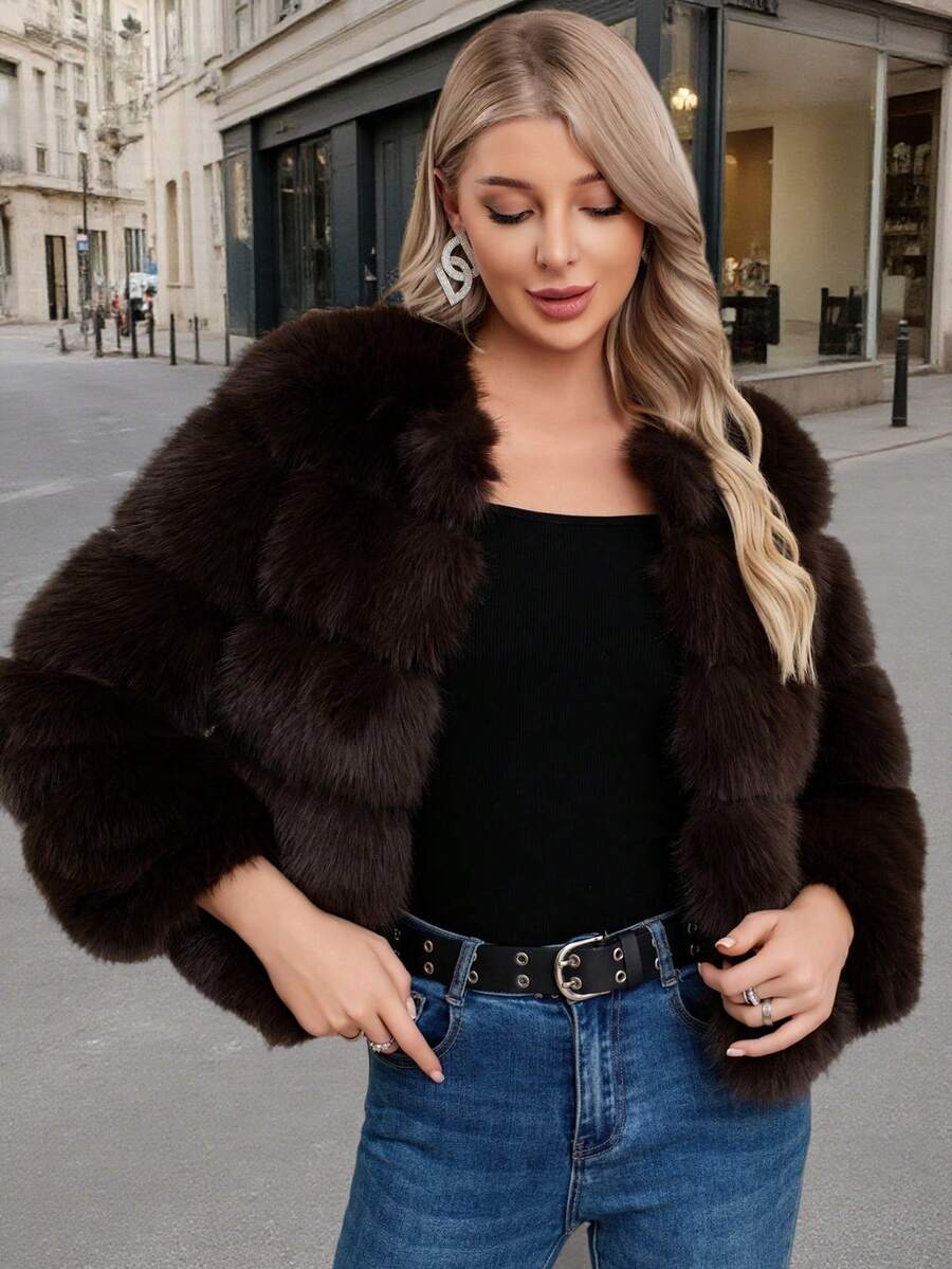 Elegant Women's Faux Fur Coat Brown Color Regular Sleeve Round Neck Wrist Length Contrast Faux Fur Design Warm Lined For Winter Christmas And New Year - Coffee Brown - View 1