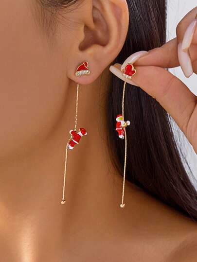 两件套时尚创意高端水钻镶嵌不对称圣诞老人雪花帽手套套装，含耳环，适合女性圣诞派对佩戴，可作为礼物送给家人和朋友