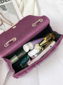 Minimalist Velvet Embroidered Square Crossbody Bag With Chain - Pink - View 5