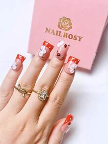 nailrosy 10Pcs Handmade Press On Nails Kit Short Duck Red Ladybug Polka Dot Cute 3D Floral Y2K Nails White Nails Press On Acrylic Nails Christmas Wedding Birthday Party Winter French - Red - View 3