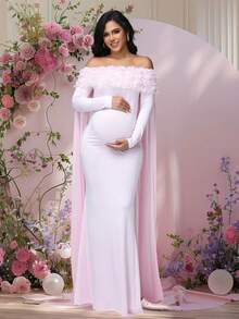 JustVH Maternity Floral Off-Shoulder Dress For Baby Shower, Long Sleeves Mesh Cloak Maxi Women Outfit Photoshoot Prop - 粉色 - 查看 4