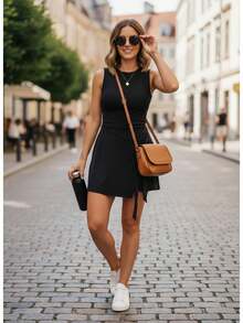 Women's Solid Side - Knot 2 - In - 1 Sleeveless Sports Dress With Built - In Shorts For All - Season Daily  Outdoor Wear - Black - View 2