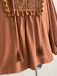 Rusttydustty Autumn/Winter Bohemian Lace Patchwork Fringe Trim Brown Long Sleeve Top, Casual Elegant Retro Blouse - Brown - View 7