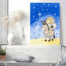 1pc, 2D Flat Printing, Painting Of A Child Angel Riding A Donkey Under A Starry Sky With A Bright Star, Canvas Wall Art For Living Room Wall Decor For Bedroom Bathroom Framed Wall Poster Art Prints Ready To Hang Pictures Home Decorations - 彩色 - 查看 3