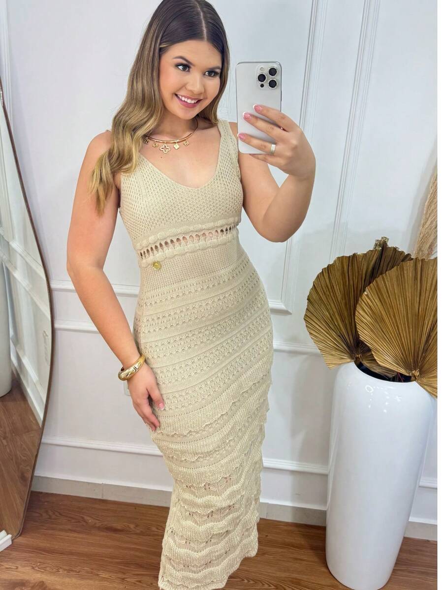 Antonella Midi Knit Dress With Lace And Lined Detail - Elegant Women's Fashion - Perfect For Parties, Christmas, New Year's Eve, Weddings, Beach, And Summer - Sophisticated And Modern Look - Charmilly Knit - 米色 - 查看 1