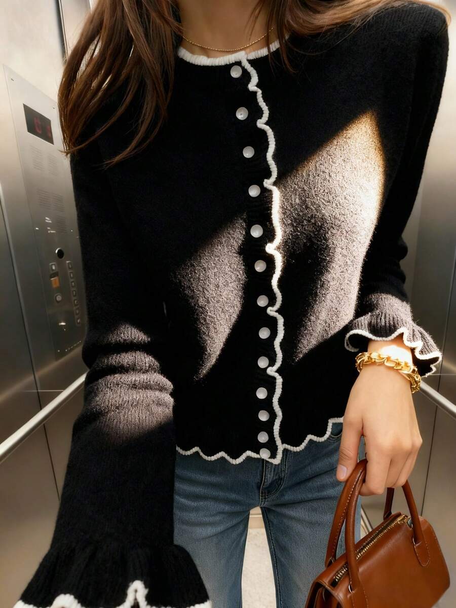 Cárdigan de cuello redondo con bloque de color y ribete de volantes, informal, para otoño/invierno