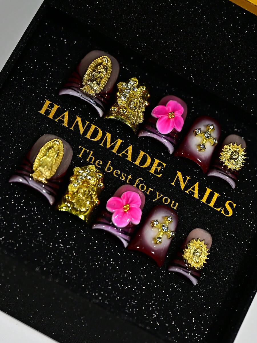 Handmade Short Duckbill Press-On Nails, 3D Floral, Golden Accent Embellished, Burgundy Nude Gradient Design, Luxury Cultural-Inspired Nails For Women, Special Event, Celebration Manicure - 咖啡棕 - 查看 1