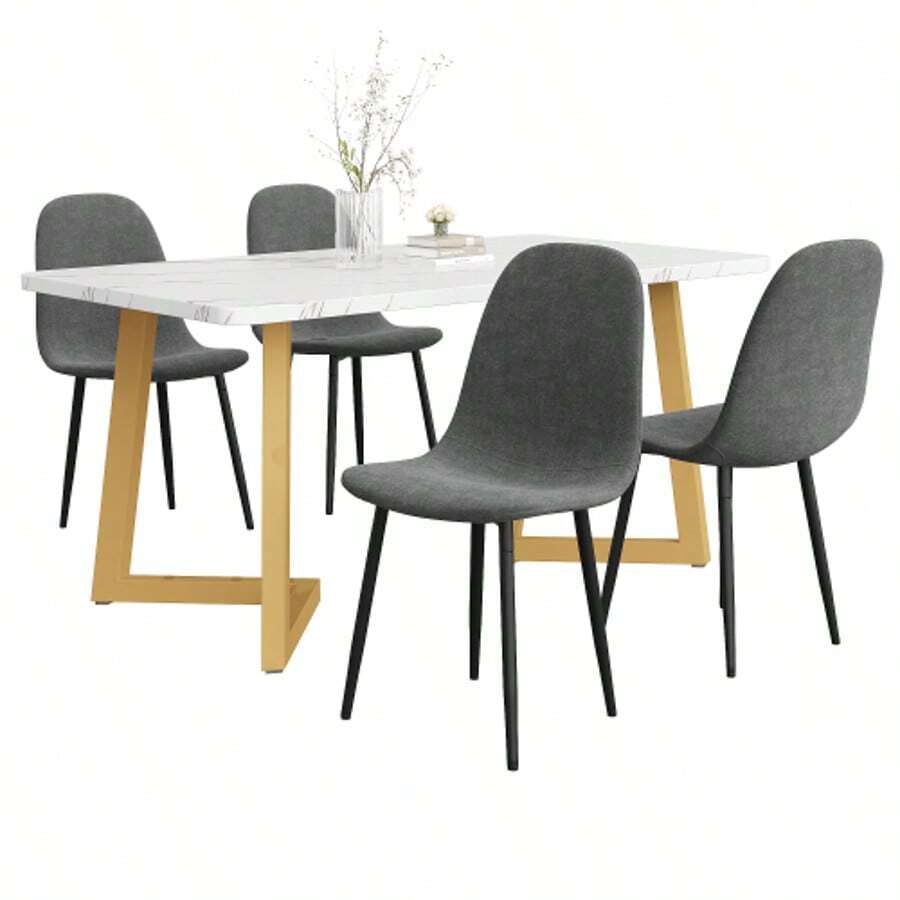 Dining Set (5-Piece), Dining Table With 4 Chairs, Modern Kitchen Table Set, Dining Chairs In A Modern Design With Backrest, Metal Legs, Grey Linen, Gold Table Legs - Gold - View 1