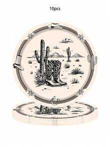 10pcs/20pcs/50pcs Cowboy Party Plates Cups And Napkins Tableware For Western Birthday Supplies First Rodeo Bachelorette Themed Paper Dessert Plates Western Party Cowboy Ranch Dinnerware Set For Wild West Birthday Party Decorations - Multicolor - View 11
