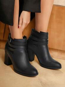 Chunky High Heel Ankle Boots Close Toe Fall Heeled Booties Shoes - 黑色 - 查看 5