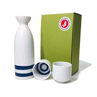 Japanese Minoyaki Janome Sake Set 8 Oz Sake Bottle And 2 Sake Cup Sake Tokkuri With Ochoko For"Kikizake" Traditional MinoYaki Ware