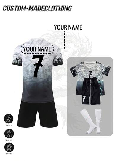 Conjunto de jersey de fútbol conmemorativo real personalizable para niños #7, parte superior de cuello redondo de poliéster y spandex con un ligero estiramiento, en negro y blanco, unisex, adecuado para fiestas de fútbol, ocio de fin de semana, correr, yoga, senderismo -- Ropa deportiva de primavera/verano, adecuada para actividades al aire libre.
