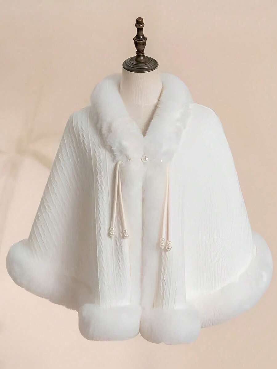 Large Solid Color Shawl - Retro Style Women's Loose Fitting Pearl Button Single Jacket, Faux Mink Fur Lining With Fleece Collar, Sleeveless Warm Jacket Suitable For Qipao Skirt - 乳白色 - 查看 1