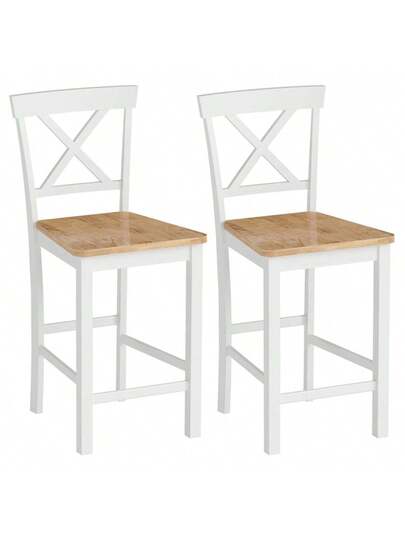HOMCOM Set Of Bar Stools Backrest Footrest, Rubberwood, Kitchen, Dining Room, Bar, Oak+White