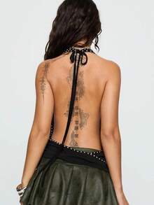 Women's Halter Vest Tops Deep V Cowl Neck Backless Rivet Going Out Tank Tops Cowl Neck Tank Tops Summer Backless Cute Ruched Casual Shirts - Black - View 7