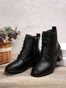 2025 New Vintage Round Toe Lace-Up High Heel Short Boots, English Style, Suitable For Autumn/Winter - Black - View 3
