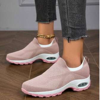 女士粉色缓震休闲运动鞋，适合跑步、休闲、跳舞、哺乳、抖腿、增高，厚底运动鞋