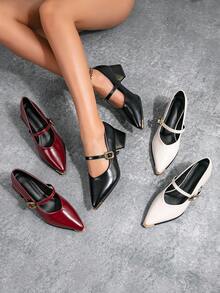 Nowe damskie czółenka typu Mary Jane na wysokim obcasie z metalowym paskiem na palce, wygodne, wsuwane, eleganckie, codzienne mokasyny do pracy i na co dzień - Czarne - Zobacz 7