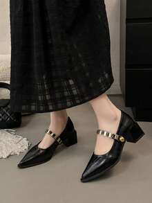 Black Versatile Color Block Pointed Toe Chunky Heel Pumps, New 2025 Korean Version Metal Buckle Mid-Heel Mary Jane Shoes For Women - Black - View 10