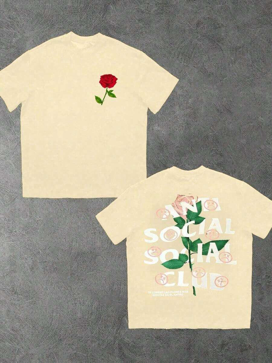 Single Red Rose Front Anti Social Club Back Digital  Graphic Double Sided Digital Printed 220g T Shirt Loose Fit Oversized Streetwear 1pcs Men's Short Sleeve 100% Cotton Tee Urban Aesthetic Floral Club Statement Vintage Fashion - 白色 - 查看 1