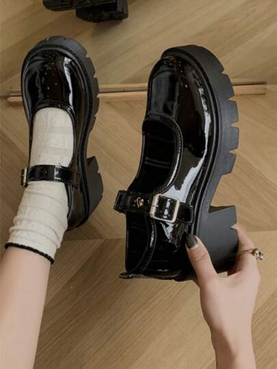 Black Retro French Thick Sole Mary Jane Shoes For Women, 2024 Summer New Style, Suitable For Dresses