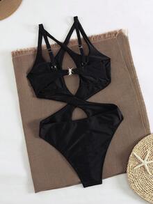 PEPPERMOLLY 女士性感黑色镂空连体泳衣，适合派对穿着，性感交叉镂空连体泳衣，V领高衩修身塑形泳衣，2024年流行沙滩泳池泳装，夏季度假网红比基尼替代品修身泳衣 - 黑色 - 查看 10