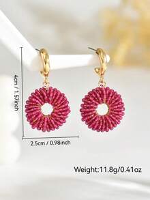 一对手工波西米亚风水晶串珠耳环，复古优雅几何造型，玫瑰红色，适合情人节、音乐节、婚礼、送给朋友和爱人的礼物，也适合女性日常、度假、派对佩戴（珠子颜色和位置随机） - 玫紅色 - 查看 4