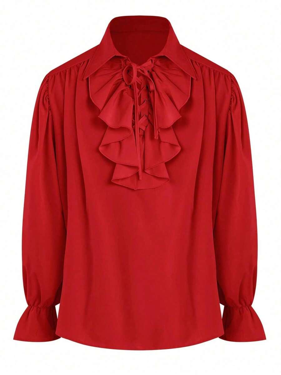 Mens Pirate Shirt Ruffle Victorian Renaissance Steampunk Vampire Poet Shirts Gothic Medieval Costume - Đỏ - Xem 1