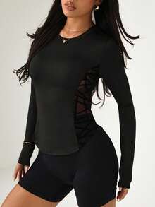 Women's Fashionable Sporty Casual Long-Sleeve T-Shirt With Mesh Panels For Yoga, Street, Running & Outdoor Workouts