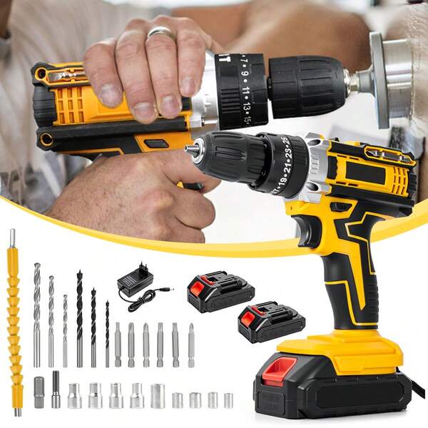 Kit de furadeira/parafusadeira de impacto sem fio, incluindo duas baterias de 48V, conjunto de brocas e brocas, e adaptador de energia 110V-220V.