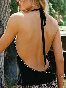 Women's Halter Vest Tops Deep V Cowl Neck Backless Rivet Going Out Tank Tops Cowl Neck Tank Tops Summer Backless Cute Ruched Casual Shirts - Black - View 6