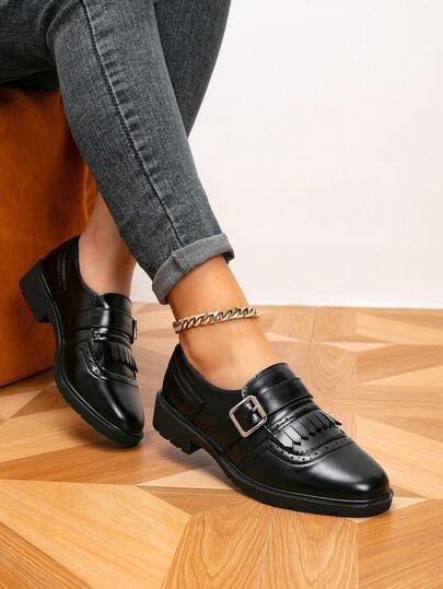 أحذية نسائية لوفرز، أحذية مسطحة بتصميم معدني منقوش على شكل إبزيم، أحذية مسطحة نسائية ريترو للخارج، أحذية سوداء، أحذية كاجوال