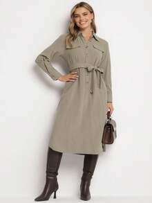 Robe chemise en coton unicolore avec ceinture à nouer pour femmes - Vert - Voir 2