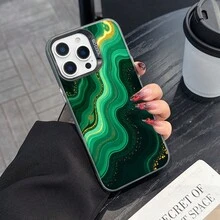 Colorful Silver Apple Phone CaseAbstract Green And Gold Swirls With Glitter Accents.Compatible With  11 To  17 Models The Cases Lens Protection Function Ensures The Camera Remains Undamaged During Shooting  Guaranteeing Image Quality - Black - View 2