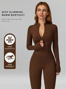 MFVIM Deep Brown Slim Fit Thermal Jumpsuit, Comfortable Casual Sexy Activewear For Yoga, Gym, Running And Workout, Versatile Autumn/Winter Jumpsuit - Coffee Brown - View 3