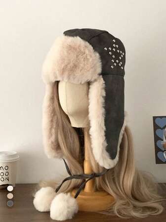 Nitad pentagram läderhatt, termofodrad varm öronlappshatt för män, lämplig för utomhuscykling, vindtät och köldtålig på hösten/vintern