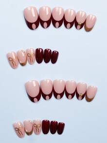 Bộ 24 miếng dán móng tay ngắn nhọn, họa tiết nơ Pháp vàng dễ thương (bao gồm 1 gel dán và 1 dũa móng), phù hợp cho móng tay hàng ngày, hẹn hò, dự tiệc của nữ giới. - Nhiều màu - Xem 2