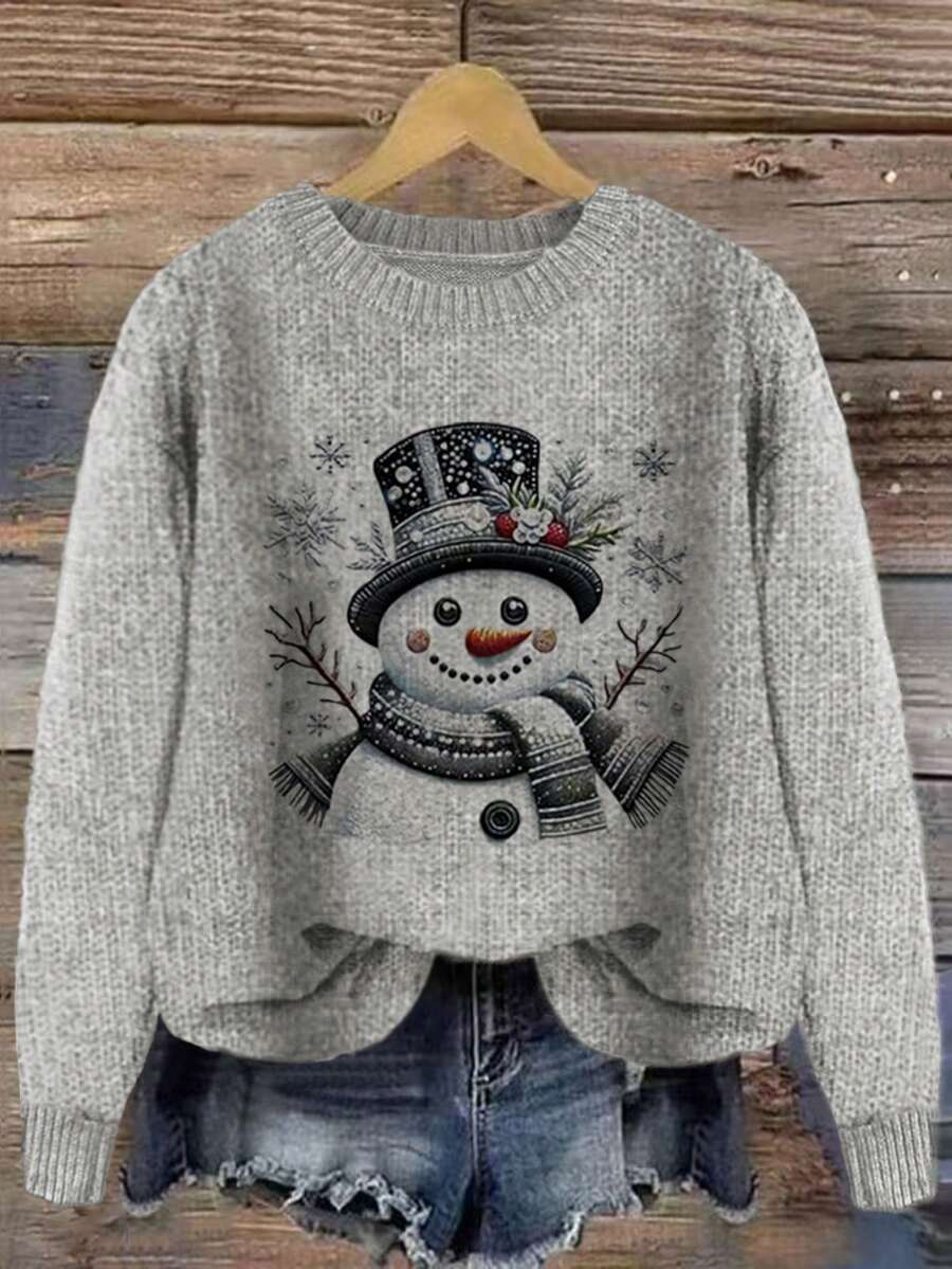 Round Neck Christmas Print Relaxed Casual Knit Pullover Top,Autumn Women,Women's Winter Sweater,Christmas Clothes - Grey - View 1