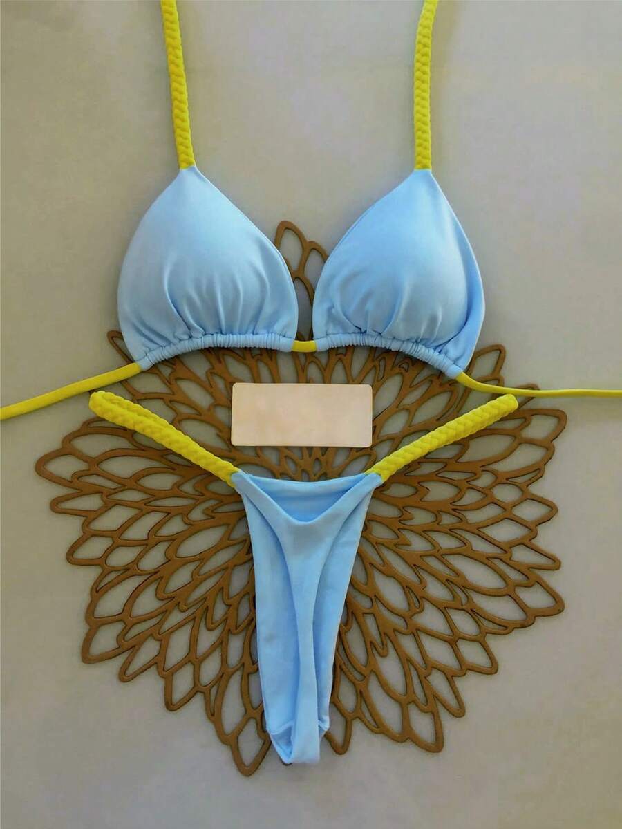 Women's Summer Beach Contrast Color Halter Tie Sexy Bikini Swimsuit Set