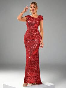 CHOSMO 新款亮片婚纱，修身高腰正式礼服，优雅露背开衩长裙，春季派对礼服 - 紅色 - 查看 5