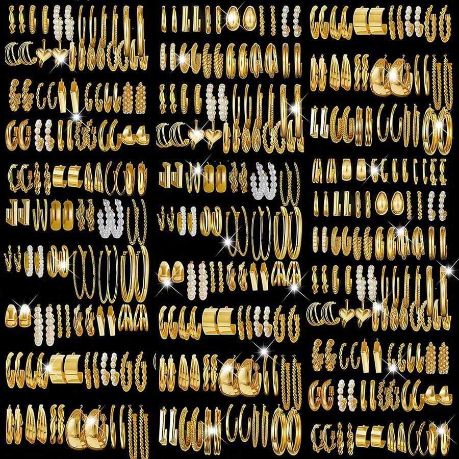 Bộ 12/24/36/48/60/72 chiếc Bộ khuyên tai kim loại thanh lịch cổ điển dành cho nữ, thích hợp đeo hàng ngày và dự tiệc, quà tặng ngày lễ (Giao hàng ngẫu nhiên) - Vàng - Xem 1