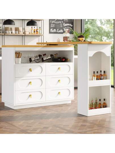 Kitchen Isl Extendable Bar Tafel Storage 360° Rotation, Practical Cabinet Drawers, Buffet, Sideboard, Dining Room