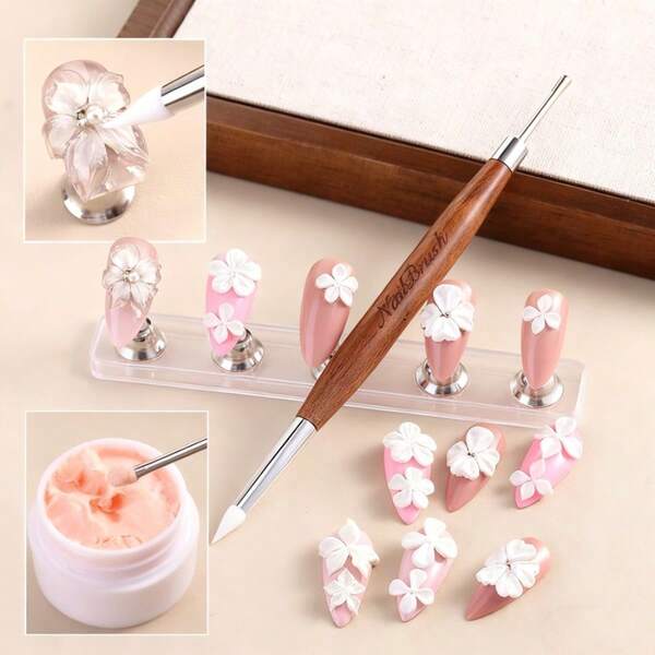 1pc Double-Ended Stainless Steel Nail Art Mixing Stick Silicone Head Embossed Painted Carved Pen Multi-Functional Nail Fine-Tip Carving Stick Color-Mixing Mixing Tool