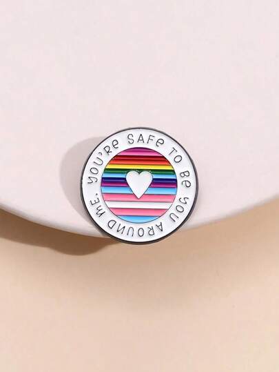 1 pieza Broche de metal con círculo geométrico, rayas de arcoíris y eslogan en inglés, mensaje cálido adecuado para uso diario de hombres y mujeres