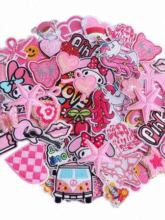 20pcs/30pcs/50pcs/Set Pink Star, Bow, Cross, Lettering Embroidered Iron-On Patches, Unique Design For DIY Clothing & Accessories - Hats, Jeans, Jackets & More, Adorable Cartoon Embroidered Appliques