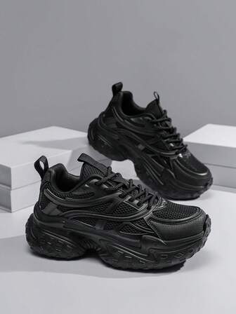 Women's Casual Sneakers, Thick Sole Mesh Breathable Deodorizing Shock Absorbing Flat Shoes, Fashion Breathable Casual Road Running Shoes, Wear-Resistant Leather Patchwork Chunky Sneakers For Female Students, Outdoor Party, Lolita Style Lightweight Breathable Comfortable Versatile Platform Shoes, Increase Height 8CM