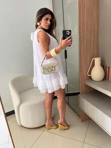 Sleeveless Short Chiffon Dress With High Neck, Ruffled Hem, And Lining - Elegant, Luxurious Party Dress - 白色 - 查看 3