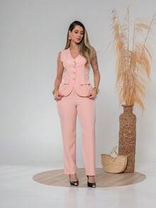 Elegant Plain Vest And Trousers Set C3302 - 藕粉色 - 查看 1