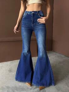 Y2K 复古优雅女士喇叭牛仔裤，高腰弹力深蓝色喇叭裤，度假休闲性感喇叭裤，2026 春夏款 - 深色水洗藍 - 查看 8